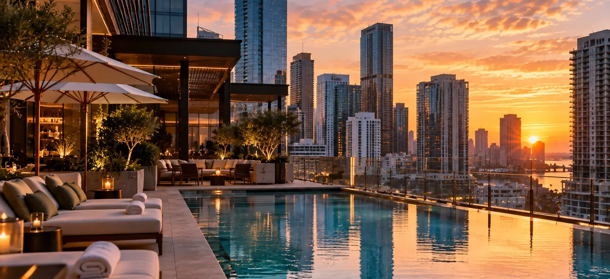 A hotel rooftop pool terrace with loungers and parasols at sunset, overlooking city towers and the water