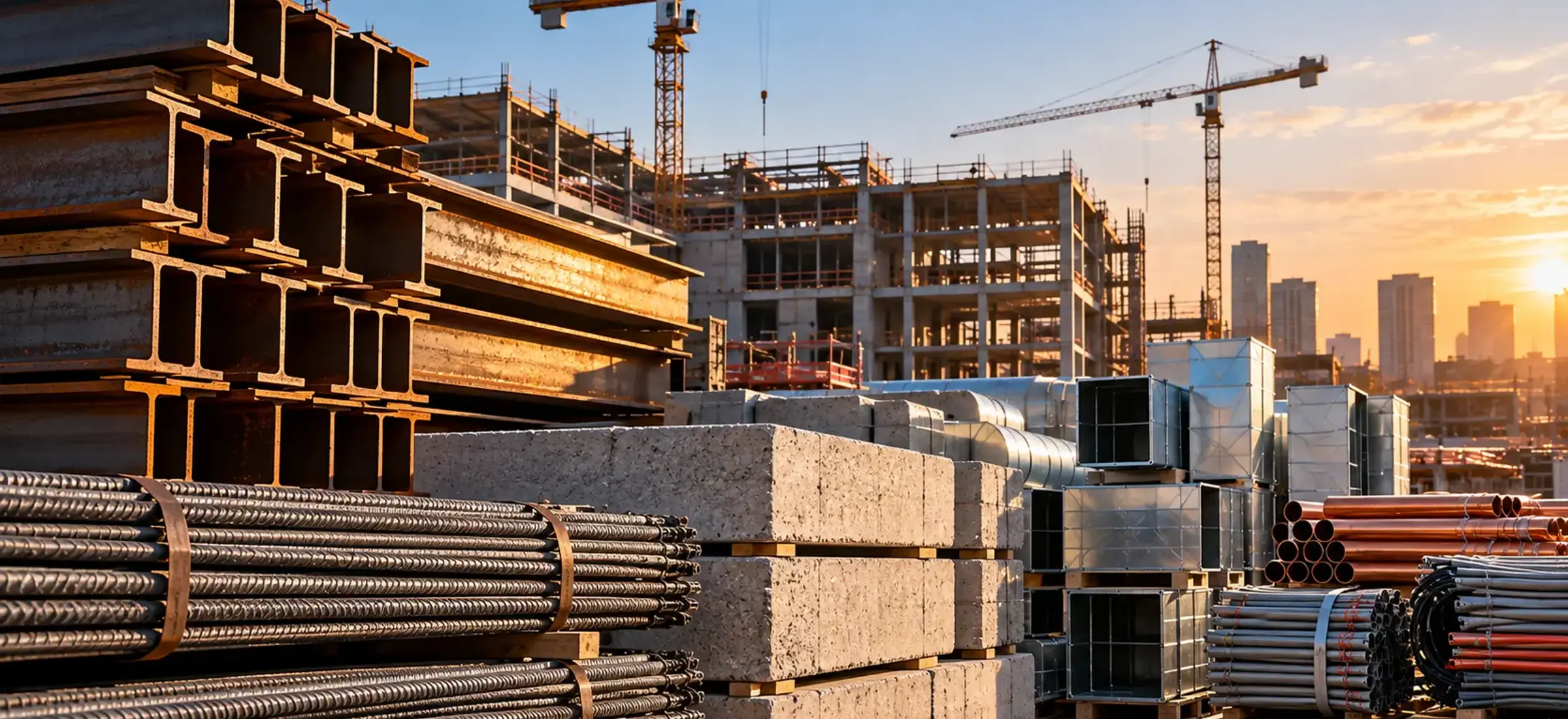Stacked steel beams, rebar, precast concrete, ductwork and pipe in a construction materials yard at sunset, with tower cranes behind